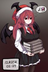 Rule 34 | 1girl, bad id, bad pixiv id, bat wings, book, book stack, breast rest, breasts, chibi, chibi inset, cowboy shot, dated, empty eyes, gradient background, hat, head wings, holding, holding book, koakuma, long hair, mandarok1149, necktie, pantyhose, patchouli knowledge, red eyes, red hair, red necktie, santa hat, simple background, solo, spoken character, thought bubble, touhou, wing collar, wings