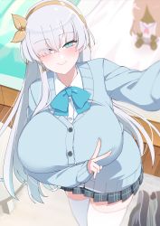 Rule 34 | 1girl, absurdres, akitokage, alternate breast size, anastasia (fate), blue eyes, blue sweater, blush, breasts, collared shirt, doll, dress shirt, earrings, fate/grand order, fate (series), grey skirt, hair over one eye, hairband, highres, huge breasts, jewelry, long hair, long sleeves, looking at viewer, selfie, shirt, silver hair, skirt, smile, solo, sweater, thighhighs, thighs, v, very long hair, viy (fate), white shirt, white thighhighs