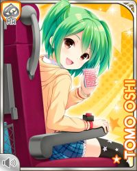 Rule 34 | 1girl, black legwear, bow, brown eyes, card, card (medium), chair, character name, from behind, girlfriend (kari), green hair, hair bow, halftone, halftone background, hood, hood down, hoodie, looking at viewer, looking back, official art, open mouth, orange background, oshi tomo, plaid, plaid skirt, qp:flapper, school uniform, skirt, smile, solo, sparkle, star (symbol), starry background