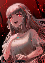 Rule 34 | 1girl, absurdres, black ribbon, blunt bangs, commentary request, corruption, cracked skin, dress, ender lilies quietus of the knights, fuwamoko momen toufu, grey dress, grey hair, highres, holding, jewelry, lily (ender lilies), long hair, looking to the side, open mouth, pendant, red background, red eyes, ribbon, short sleeves, solo, teeth, tendril, upper body