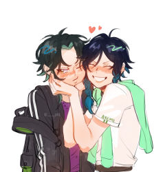 Rule 34 | 2boys, absurdres, bag, black hair, blue hair, blush, braid, closed eyes, closed mouth, diamond-shaped pupils, diamond (shape), genshin impact, gradient hair, green hair, grin, hand on another&#039;s face, heart, highres, jacket, jacket around neck, long sleeves, looking to the side, male focus, multicolored hair, multiple boys, nusji.lll, one eye closed, open mouth, parted bangs, shirt, short hair, short hair with long locks, short sleeves, simple background, slit pupils, smile, symbol-shaped pupils, twin braids, two-tone hair, venti (genshin impact), white background, xiao (genshin impact), yellow eyes