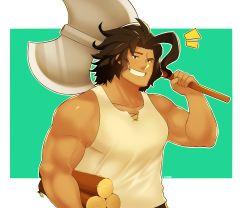 Rule 34 | 1boy, absurdres, axe, bara, bare shoulders, brown hair, carrying, carrying under arm, cross-laced clothes, cross-laced top, dark-skinned male, dark skin, dragalia lost, fujimachine (clayten), grin, highres, holding, holding axe, large pectorals, looking at viewer, male focus, muscular, muscular male, pectorals, ranzal (dragalia lost), short hair, sidepec, sleeveless, smile, solo, tank top, upper body, veins, white tank top