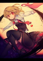 Rule 34 | 1girl, alternate costume, black skirt, black thighhighs, black vest, blonde hair, bow, breasts, closed mouth, collared shirt, darkness, hair between eyes, letterboxed, looking at viewer, moon, outstretched arms, red eyes, rumia, shirt, skirt, sky, small breasts, smile, solo, star (sky), starry sky, tama (soon32281), thighhighs, touhou, vest, white shirt