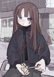 Rule 34 | 1girl, absurdres, black eyes, black jacket, black pants, black sweater, blush, brown hair, cigarette, cigarette pack, closed mouth, day, highres, holding, jacket, long hair, long sleeves, looking at viewer, open clothes, open jacket, original, outdoors, pants, sitting, solo, sweater, turtleneck, turtleneck sweater, yunoki itsugu