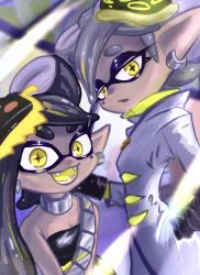 Rule 34 | 2girls, :d, absurdres, animal ears, bare shoulders, black dress, black gloves, black hair, bobthecolored, breasts, callie (splatoon), cleavage, coat, colored tongue, cousins, cross-shaped pupils, dress, earrings, fangs, food, food on head, gloves, grey hair, half-closed eyes, highres, inkling, jewelry, long hair, long sleeves, looking at viewer, marie (splatoon), mole, mole under eye, multiple girls, neck ring, nintendo, object on head, open mouth, pointy ears, short hair, smile, splatoon (series), splatoon 3, strapless, strapless dress, symbol-shaped pupils, teeth, tentacle hair, twitter username, white coat, yellow eyes, yellow tongue