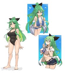 Rule 34 | 1girl, arashi (alais), barefoot, black one-piece swimsuit, blue eyes, breasts, cleavage, cowboy shot, crop top, cropped legs, full body, green hair, hair between eyes, hair ornament, hairclip, kantai collection, large breasts, long hair, midriff, multiple views, navel, one-piece swimsuit, one side up, sailor collar, sailor shirt, shirt, short shorts, shorts, sketch, standing, swimsuit, yamakaze (kancolle)