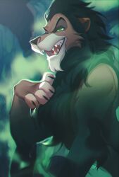 Rule 34 | animal focus, chinese commentary, chromatic aberration, claws, commentary request, green eyes, highres, lion, looking at viewer, no humans, open mouth, scar, scar (the lion king), scar across eye, sharp teeth, smoke, solo, teeth, the lion king, tobu (bilibil)