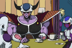Rule 34 | 4boys, alien, armor, brother, cape, commentary request, cooler (dragon ball), cup, dragon ball, dragonball z, family, father and son, frieza, ginutaro, horns, king cold, lamp, male focus, multiple boys, muscular, parody, salza, scouter, siblings, silent hill, silent hill (series), silent hill 3, table, teacup