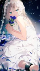 Rule 34 | 1girl, achiki, aqua eyes, bare arms, bare shoulders, blue flower, blurry, blurry background, blush, breasts, brown hair, chain, closed mouth, crying, crying with eyes open, cuffs, depth of field, dress, flower, hair between eyes, hands up, holding, holding flower, long hair, looking at viewer, looking to the side, original, rose, see-through, small breasts, solo, strapless, strapless dress, tears, veil, water drop, white dress, white flower, white rose