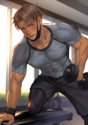 Rule 34 | 1boy, bara, black shorts, blue eyes, blush, brown hair, covered abs, covered erect nipples, dumbbell, exercising, grey shirt, highres, large pectorals, pantyhose under shorts, male focus, mask, mask pull, mondi hl, mouth mask, muscular, muscular male, original, pantyhose, pectorals, shirt, short hair, shorts, solo, twitter username, weightlifting, wristband