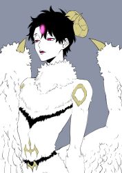 Rule 34 | 1boy, arms at sides, black hair, body fur, curled horns, dark young (fate), demon boy, demon horns, demon wings, fate/grand order, fate (series), feather hair ornament, feathers, fujimaru ritsuka (male), glowing, grey background, hair ornament, highres, horizontal pupils, horns, looking ahead, male focus, monsterification, nude, parted lips, partially colored, red eyes, short hair, single horn, solo, upper body, urup zzz, wings