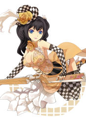 Rule 34 | 1girl, bad id, bad pixiv id, black hair, blue eyes, blue nails, breasts, caee penguin, checkered clothes, checkered legwear, cleavage, dress, elbow gloves, female focus, fingerless gloves, floral print, flower, gloves, gun, hair ornament, hat, high heels, highres, large breasts, nail polish, original, patterned legwear, rifle, solo, thighhighs, weapon
