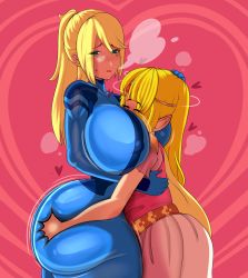 Rule 34 | 2girls, ass, ass grab, between breasts, blonde hair, blush, bodysuit, breasts, covered erect nipples, deep skin, closed eyes, face to breasts, fladdykin, green eyes, head between breasts, heart, highres, hug, huge ass, huge breasts, long hair, metroid, multiple girls, nintendo, pink background, ponytail, princess zelda, samus aran, super smash bros., the legend of zelda, the legend of zelda: a link between worlds, thick thighs, thighs, wide hips, yuri, zero suit