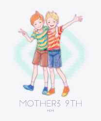 Rule 34 | 2boys, anniversary, arm around neck, artist name, belt, black belt, blonde hair, blue footwear, blue shorts, brothers, brown shorts, claus (mother 3), closed eyes, collarbone, copyright name, facing viewer, full body, grin, lucas (mother 3), male focus, memi (gamemix), midriff peek, mother (game), mother 3, multiple boys, nintendo, open mouth, orange eyes, orange footwear, outstretched arm, shirt, shoes, short hair, shorts, siblings, smile, socks, striped clothes, striped shirt, v, white socks