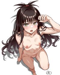 Rule 34 | 1girl, ahneato, arm up, breasts, brown hair, cleft of venus, completely nude, from above, highres, light blush, long hair, looking at viewer, nipples, nude, open mouth, pussy, small breasts, solo, to love-ru, topknot, yellow eyes, yuuki mikan