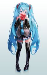 Rule 34 | 1girl, bare shoulders, black footwear, black skirt, blue eyes, blue hair, blue necktie, blush, boots, box, box of chocolates, commentary, covering own mouth, detached sleeves, flipped hair, full body, gradient background, grey background, grey shirt, hair between eyes, hair ornament, hatsune miku, heart-shaped box, high heel boots, high heels, highres, lace, lace-trimmed shirt, lace trim, long hair, long sleeves, looking at viewer, md5 mismatch, miniskirt, necktie, neon trim, pleated skirt, resolution mismatch, shirt, sidelocks, simple background, skirt, sleeveless, solo, source larger, standing, takepon1123, thigh boots, thighhighs, twintails, valentine, very long hair, vocaloid, white background, zettai ryouiki