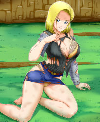 Rule 34 | 1girl, android 18, arm support, bare legs, barefoot, blonde hair, blue eyes, blue skirt, bob cut, bra, breasts, cleavage, closed mouth, dirty, dragon ball, dragonball z, feet, grass, groin, highres, large breasts, legs, looking at viewer, miniskirt, outdoors, panties, raglan sleeves, remon keiki, short hair, sitting, skirt, solo, thighs, torn clothes, underwear, yellow bra, yellow panties