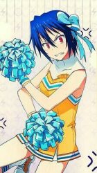 Rule 34 | 1girl, alternate costume, blue hair, bow, cheerleader, from side, gloom (expression), hair between eyes, hair bow, lowres, medium hair, mole, mole under eye, necktie, nisekoi, open mouth, orange necktie, red eyes, sailor collar, sailor shirt, shaded face, shirt, simple background, skirt, solo, thighs, tsugumi seishirou