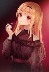 Rule 34 | 1girl, absurdres, bare shoulders, blonde hair, blush, braid, collared shirt, dress, earrings, hairband, highres, jewelry, lipstick, long hair, long sleeves, looking at viewer, makeup, original, parted lips, red background, red dress, red eyes, shirt, simple background, solo, standing, where (whereverer)