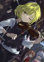 Rule 34 | 3girls, akisome hatsuka, black headwear, black vest, blonde hair, brown eyes, closed mouth, commentary request, commission, holding, holding instrument, holding violin, instrument, long sleeves, looking at viewer, lunasa prismriver, lyrica prismriver, merlin prismriver, multiple girls, music, one eye closed, outdoors, pink headwear, playing instrument, siblings, sisters, skeb commission, solo focus, touhou, vest, violin, yellow eyes