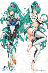Rule 34 | 1girl, armor, armpits, ass, bed sheet, bikini, black gloves, bodysuit, breasts, chest jewel, commentary, dakimakura (medium), earrings, elbow gloves, english commentary, full body, gem, gloves, green eyes, green hair, grin, hair ornament, hand on own chest, headpiece, highres, jewelry, large breasts, long hair, looking at viewer, lying, multiple views, navel, nintendo, on back, on side, one eye closed, parted lips, pneuma (xenoblade), ponytail, presenting armpit, reaching, reaching towards viewer, smile, swimsuit, thighhighs, tiara, tony guisado, two-tone gloves, untied bikini, very long hair, white bikini, white gloves, white thighhighs, xenoblade chronicles (series), xenoblade chronicles 2