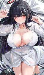 Rule 34 | 1girl, absurdres, arms up, barefoot, black hair, blue archive, blush, breasts, cleavage, closed mouth, commentary request, hair ornament, hairclip, halo, highres, large breasts, long hair, long sleeves, looking at viewer, lshiki, lying, on back, on bed, partially unbuttoned, red eyes, revision, rio (blue archive), shirt, solo, thighs, white shirt