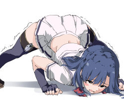 Rule 34 | 1girl, black gloves, black thighhighs, blue hair, blush stickers, braid, brown footwear, commentary request, elbow gloves, exhausted, fingerless gloves, gloves, hands on floor, highres, idol heroes (idolmaster), idolmaster, idolmaster million live!, jack-o&#039; challenge, medium hair, miniskirt, nanao yuriko, neckerchief, open mouth, rauto, red neckerchief, sailor collar, shirt, short sleeves, skirt, solo, thighhighs, top-down bottom-up, trembling, white background, white shirt, white skirt, yellow eyes