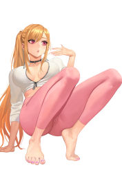 Rule 34 | 1girl, :o, absurdres, alternate hairstyle, arm support, ass, barefoot, blonde hair, breasts, breasts apart, choker, collared shirt, commentary request, crop top, fake nails, fanning face, feet, fingernails, highres, hongcasso, kitagawa marin, large breasts, leaning back, long fingernails, long hair, long sleeves, looking away, nail polish, no bra, pants, partially unzipped, pink eyes, pink nails, pink pants, ponytail, red eyes, shirt, sidelocks, simple background, solo, sono bisque doll wa koi wo suru, squatting, sweatdrop, tight clothes, tight pants, toenail polish, toenails, toes, v-neck, very long hair