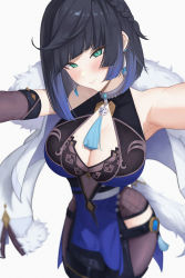 Rule 34 | 1girl, armpits, asymmetrical gloves, bare shoulders, black hair, black pants, blue dress, blue hair, blush, bob cut, breasts, cleavage, cleavage cutout, clothing cutout, diagonal bangs, dice, dress, earrings, fur-trimmed jacket, fur trim, genshin impact, gloves, green eyes, highres, jacket, jacket on shoulders, jewelry, large breasts, long sleeves, looking at viewer, mismatched gloves, mole, mole on breast, multicolored hair, neck ring, outstretched arms, pants, pelvic curtain, short hair, smile, solo, sp123, tassel, thighs, tight clothes, tight pants, two-tone hair, white jacket, yelan (genshin impact)