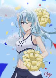 Rule 34 | 1girl, absurdres, aqua hair, artist name, blue eyes, blue skirt, blush, breasts, cheerleader, closed mouth, collarbone, confetti, eiundmarmalade, hand up, highres, hololive, hoshimachi suisei, long hair, looking at viewer, navel, one eye closed, shirt, simple background, skirt, small breasts, smile, solo, standing, virtual youtuber, white shirt