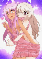 Rule 34 | 2girls, :d, ;o, ass grab, backless dress, backless outfit, bdsm, blush, bondage, bound, bound wrists, breasts, chloe von einzbern, dark skin, dark-skinned female, dress, fate/kaleid liner prisma illya, fate (series), hand under clothes, hug, hug from behind, illyasviel von einzbern, long hair, meme attire, moriya1707, multiple girls, naked sweater, no pants, one eye closed, open mouth, pink eyes, pink hair, red eyes, ribbon, shared clothes, sideboob, small breasts, smile, sweater, sweater dress, tears, turtleneck, turtleneck sweater, virgin killer sweater, white hair, yuri