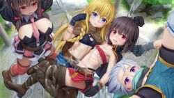 Rule 34 | 4girls, aki99, bandeau, bike shorts, bike shorts under shorts, black gloves, black hair, black panties, blonde hair, blue eyes, blue hair, blurry, blurry background, boots, braid, breasts, capelet, chris (konosuba), clenched teeth, commentary, covered erect nipples, day, english commentary, from above, gloves, hair between eyes, highres, iris (konosuba), kono subarashii sekai ni shukufuku wo!, large breasts, light blue hair, long hair, megumin, midriff, mixed-language commentary, multiple girls, necktie, outdoors, paid reward available, panties, pink necktie, purple eyes, red eyes, scarf, short hair, shorts, side braid, single braid, skirt, slime (substance), spread legs, suspension, teeth, thigh boots, thighhighs, underwear, yunyun (konosuba)