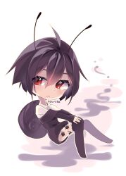 Rule 34 | 1girl, ahoge, antennae, artist name, black dress, black hair, black sleeves, black socks, chibi, closed mouth, collared shirt, commentary, commission, dress, dress slip, english commentary, extra eyes, eyelashes, frown, hair between eyes, hand on own knee, highres, kouri (ibubobubo), light blush, long sleeves, looking at viewer, original, outline, over-kneehighs, red eyes, shirt, short dress, short hair, sitting, sleeves past wrists, smoke, snail shell, socks, solo, thighhighs, transparent background, white outline, white shirt