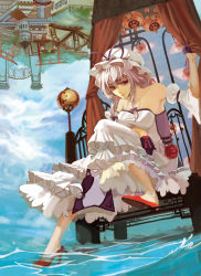 Rule 34 | 1girl, adapted costume, aneater, armpits, bare shoulders, blonde hair, curtain grab, curtains, detached sleeves, dress, female focus, hat, high heels, highres, lips, long hair, purple eyes, shoes, sitting, smile, solo, strapless, strapless dress, torii, touhou, town, townscape, upside-down, water, white dress, yakumo yukari