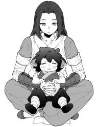 Rule 34 | 2boys, animal ears, bandaged arm, bandages, blush, child, closed eyes, closed mouth, crossed legs, drooling, greyscale, highres, long hair, luo xiaohei, luo xiaohei (human), luo xiaohei zhanji, maki keigo, male focus, monochrome, multiple boys, on lap, pants, shirt, simple background, wuxian (the legend of luoxiaohei)