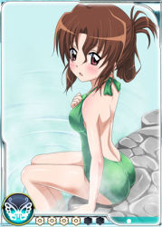 Rule 34 | 1girl, ass, back, bare back, bare shoulders, blush, breasts, brown hair, folded ponytail, hayate no gotoku!, long hair, looking back, lowres, maria (hayate no gotoku!), one-piece swimsuit, onsen, red eyes, solo, swimsuit, thighs, water