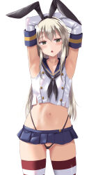 Rule 34 | 1girl, armpits, arms up, black hairband, black neckerchief, black panties, blonde hair, blush, breasts, cowboy shot, crop top, elbow gloves, gloves, grey eyes, hairband, highleg, highleg panties, highres, kantai collection, kuroame (kurinohana), long hair, looking at viewer, microskirt, navel, neckerchief, panties, sailor collar, shimakaze (kancolle), shirt, simple background, skirt, sleeveless, sleeveless shirt, small breasts, solo, striped clothes, striped thighhighs, thighhighs, underwear, white background, white gloves
