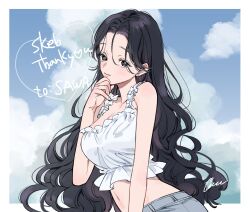 Rule 34 | 1girl, black hair, breasts, camisole, cleavage, cloud, cropped arms, cropped legs, earrings, frilled camisole, frills, grey eyes, grey pants, hand on own chin, highres, jewelry, large breasts, light smile, long hair, looking at viewer, navel, original, pants, signature, sky, thank you, very long hair, wata kinoshi, wavy hair, white camisole