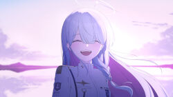Rule 34 | 1girl, :d, absurdres, arms at sides, blue archive, blue hair, blush, closed eyes, cloud, collared jacket, colored inner hair, day, evening, facing viewer, floating hair, general student council president (blue archive), hair between eyes, halo, highres, horizon, jacket, long hair, long sleeves, mountainous horizon, multicolored hair, open mouth, outdoors, patch, pink hair, pla0658, reflection, reflective water, shoulder boards, sidelocks, smile, solo, straight hair, tearing up, teeth, upper body, upper teeth only, white jacket