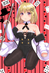 Rule 34 | 1girl, ahoge, animal ears, bad id, bad pixiv id, bare shoulders, black hat, black leotard, black pantyhose, blonde hair, card, closed mouth, club (shape), collarbone, commentary request, diamond (shape), fake animal ears, frilled leotard, frills, full body, fur-trimmed jacket, fur trim, hair ornament, hat, heart, holding, jacket, leotard, long sleeves, off shoulder, open clothes, open jacket, original, pantyhose, pink background, playboy bunny, playing card, rabbit ears, red eyes, revision, seiza, sitting, sleeves past wrists, smile, solo, spade (shape), star (symbol), star hair ornament, strapless, strapless leotard, striped, striped background, tukino neru, unworn hat, unworn headwear, vertical stripes, white jacket