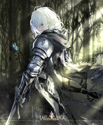 Rule 34 | 1girl, armor, armored dress, bug, butterfly, cloak, dappled sunlight, day, elf, eyes visible through hair, forest, from behind, gauntlets, highres, holding, holding sword, holding weapon, hood, insect, long hair, looking back, nature, outdoors, pixiv fantasia, pixiv fantasia last saga, plate armor, pointy ears, ryuuzaki ichi, sketch, solo, sunlight, sword, weapon, white hair