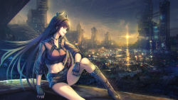 Rule 34 | 1girl, black hair, black shirt, boots, breasts, building, cloud, cloudy sky, collarbone, commentary request, gloves, hair between eyes, highres, horns, jewelry, knee up, long hair, long sleeves, looking away, medium breasts, navel, necklace, original, purple eyes, rain, shirt, shorts, sitting, sky, skyline, sleeves rolled up, smile, solo, steampunk, sunset, tenmaso