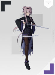 Rule 34 | 1girl, absurdres, animal ears, arknights, black dress, black footwear, black hairband, boots, breasts, brown pantyhose, character name, dress, full body, grey background, hair intakes, hairband, happy birthday, high heel boots, high heels, highres, holding, holding sword, holding weapon, lin (arknights), long hair, long sleeves, looking at viewer, pantyhose, pink hair, red eyes, shokuyou koori, simple background, small breasts, solo, standing, sword, very long hair, weapon, wide sleeves