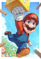 Rule 34 | 1boy, ? block, blue eyes, blue overalls, blue sky, boots, brick block, brown footwear, brown hair, clenched hands, cloud, facial hair, gloves, hat, highres, jumping, male focus, mario, mario (series), mushroom, mustache, nintendo, open mouth, outdoors, overalls, red hat, red shirt, shikabane (draw tadao14), shirt, short hair, sky, solo, the super mario bros. movie, white gloves