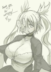 Rule 34 | 1girl, breasts, butterfly eyepatch, character request, choker, cleavage, cloud kingdom, eyepatch, female focus, huge breasts, jewelry, long hair, monochrome, necklace, original, pas (paxiti), pointy ears, sketch, solo, thank you, twintails, upper body