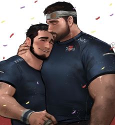 Rule 34 | 2boys, abs, bara, beard, body hair, couple, dopey (dopq), facial hair, headband, highres, kiss, kissing forehead, large pectorals, male focus, manly, multiple boys, muscular, original, pectoral docking, pectoral press, pectorals, simple background, size difference, sportswear, topless male, yaoi