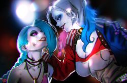 Rule 34 | 2girls, artist name, bare shoulders, batman (series), belt, blood, blood splatter, blue eyes, blue hair, braid, breasts, bullet, bullet necklace, choker, collarbone, cowboy shot, crossover, dc comics, dccu, from side, grin, gun, hand on own hip, handgun, harley quinn, holster, jacket, jewelry, jinx (league of legends), large breasts, league of legends, lipstick, long hair, long sleeves, looking at another, makeup, mascara, multicolored clothes, multicolored hair, multiple girls, necklace, open clothes, open jacket, pink eyes, pink hair, red lips, runny makeup, scabbard, sheath, sheathed, shirt, shoulder holster, smile, suicide squad, t-shirt, teeth, track jacket, twin braids, twintails, two-tone hair, upper body, weapon, yd (orange maru)