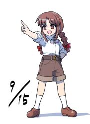 Rule 34 | 1girl, :d, belt, braid, brown eyes, brown footwear, brown hair, brown shorts, collared shirt, commentary request, dated, full body, hand on own hip, itani illust, long hair, open mouth, pointing, rika (touhou), shirt, shorts, sidelocks, simple background, smile, socks, solo, standing, touhou, touhou (pc-98), twin braids, white background, white shirt, white socks