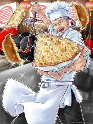 Rule 34 | 1boy, absurdres, apron, artist name, bowl, braid, chef hat, chef, cooking, dated, dumpling, facial hair, fang, food, fried rice, goatee, grey hair, hat, highres, ikeda tsukasa, ladle, lau chan, male focus, mustache, old, old man, open mouth, sega, single braid, sleeves rolled up, solo, sparkle, virtua fighter, virtua fighter 5, waist apron