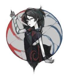 Rule 34 | 1girl, abstract, arm up, ashitano kirin, asymmetrical wings, black dress, black hair, bow, breasts, circle, dress, hair between eyes, head tilt, houjuu nue, looking at viewer, open mouth, pale skin, red bow, solo, touhou, turn pale, white background, wings